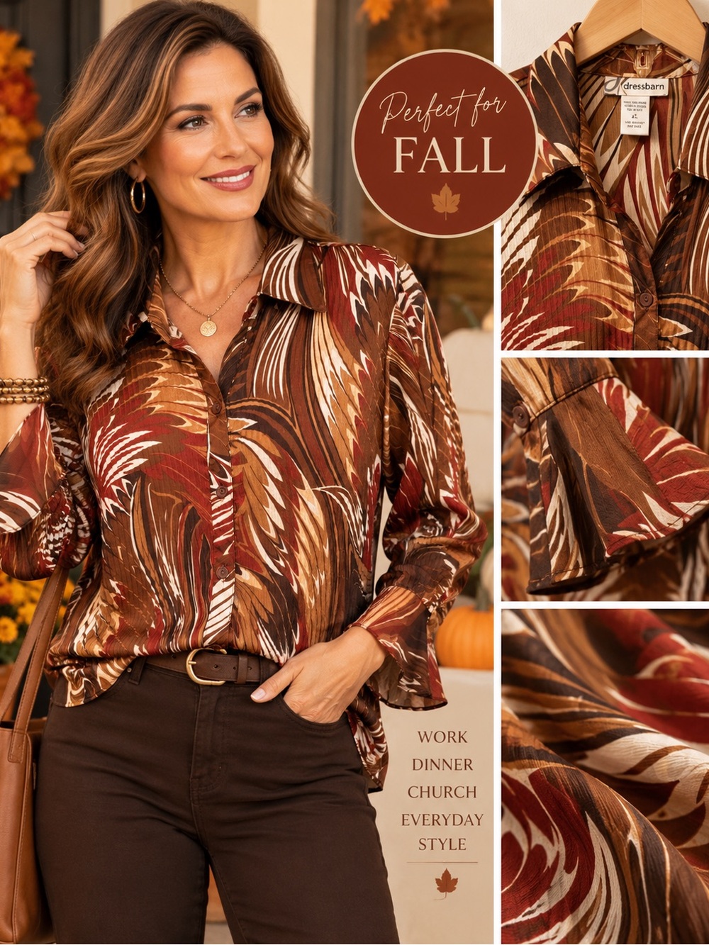 Dressbarn Women’s Abstract Swirl Print Button Front Blouse Brown Rust XL